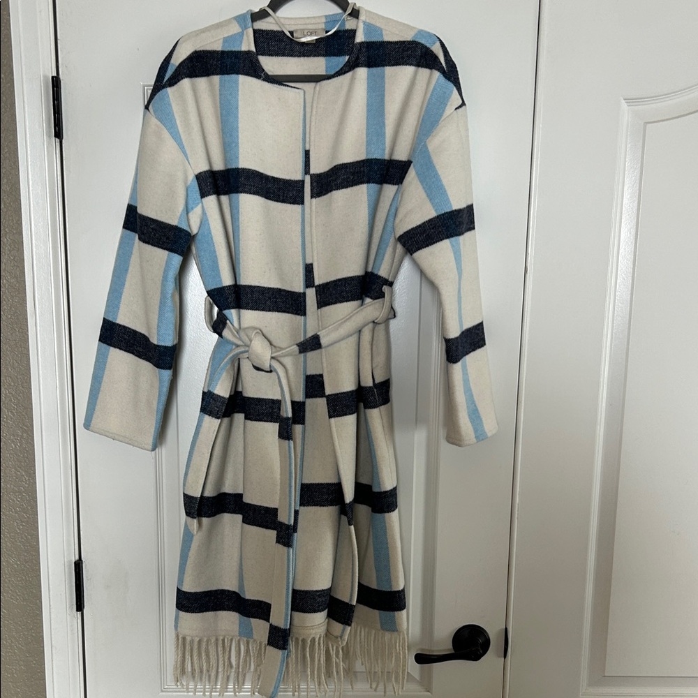 LOFT Cream and Navy and light blue Plaid Coat